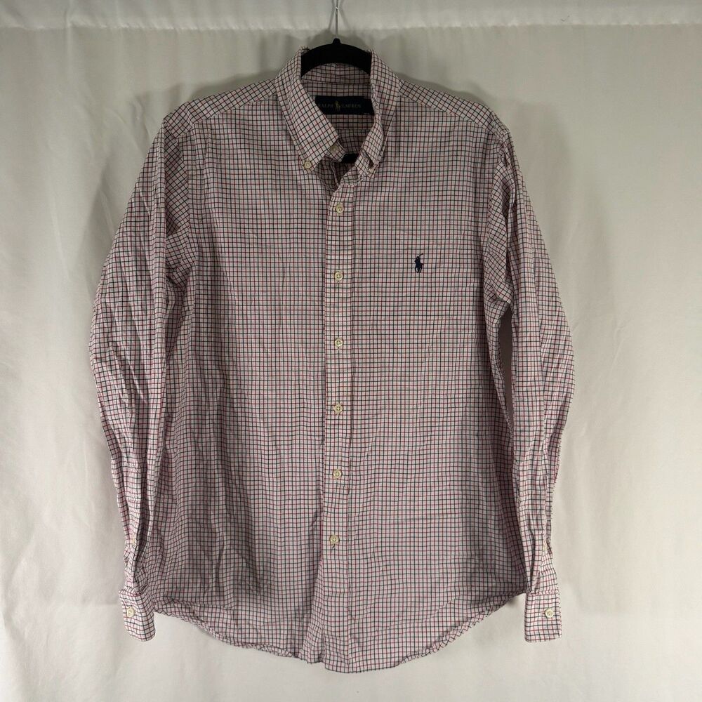 Ralph Lauren Dress Shirt Men's Medium Red Blue Plaid Button Up Long Sleeve